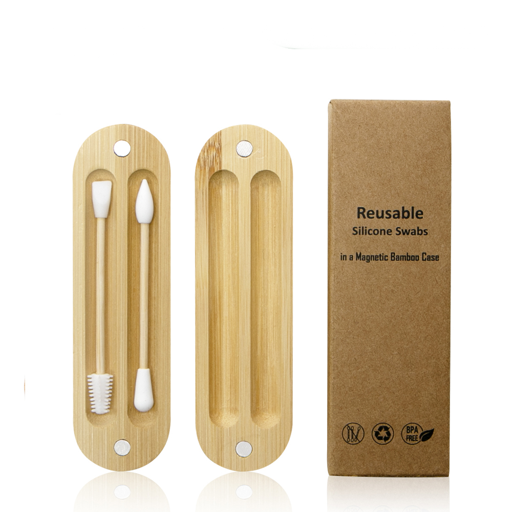 Reusable Cotton Buds Ears Set with Travel Magnetic Bamboo Case Eco Friendly Silicone Swabs Washable Swabs