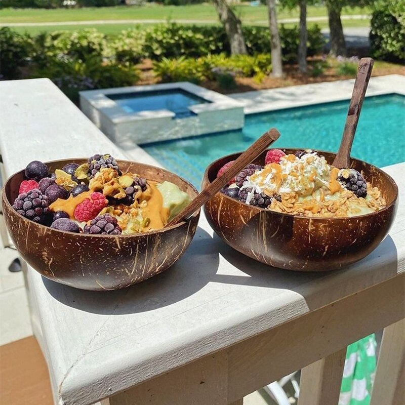 Natural Wooden Coconut Bowl & Spoons Set