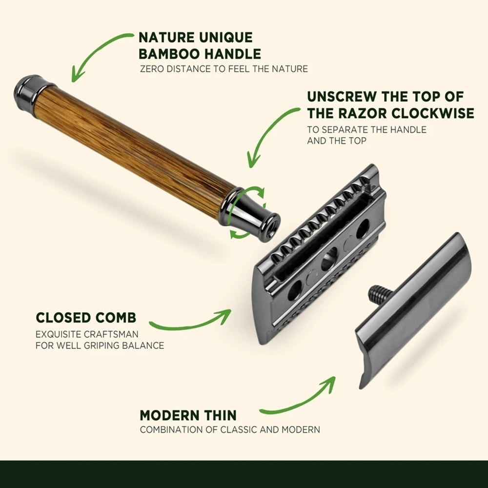Eco Razor, Natural Bamboo Handle, Double Edge Safety Razor, Fits All Standard Razor Blade