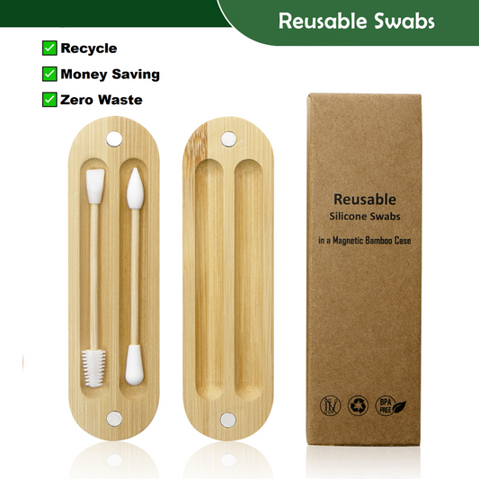 Reusable Cotton Buds Ears Set with Travel Magnetic Bamboo Case Eco Friendly Silicone Swabs Washable Swabs