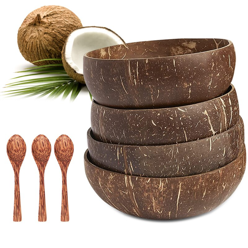 Natural Wooden Coconut Bowl & Spoons Set