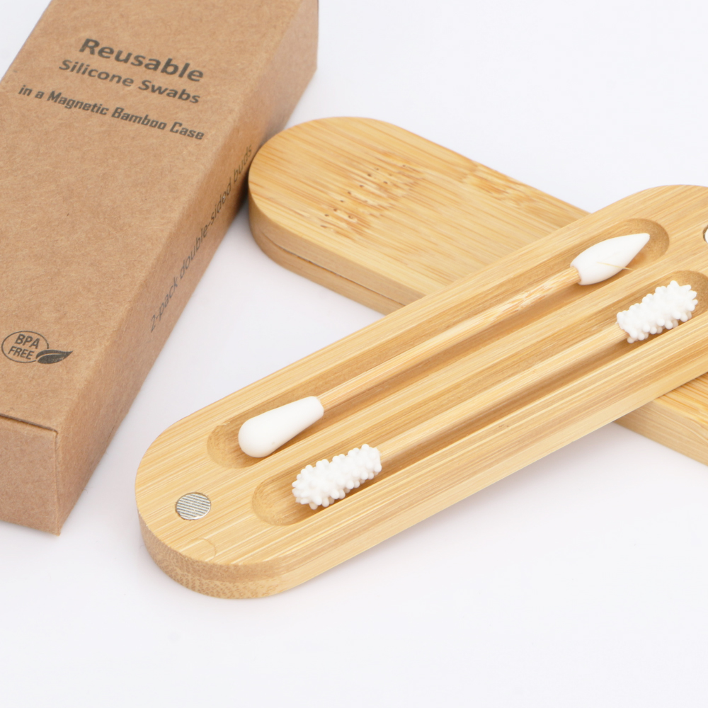Reusable Cotton Buds Ears Set with Travel Magnetic Bamboo Case Eco Friendly Silicone Swabs Washable Swabs